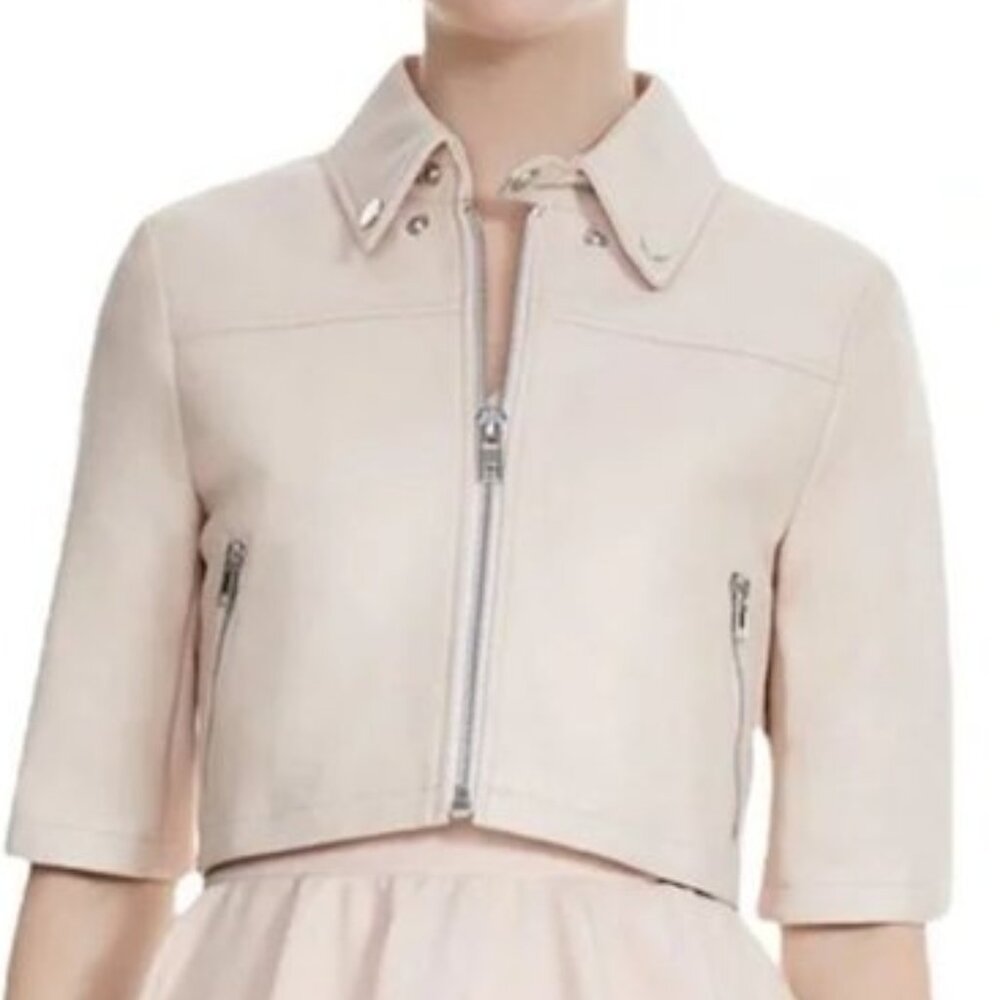 -Maje Light Rose Pale Pink Brittany Cropped Lamb Leather Jacket EU38 - Picture 2 of 11